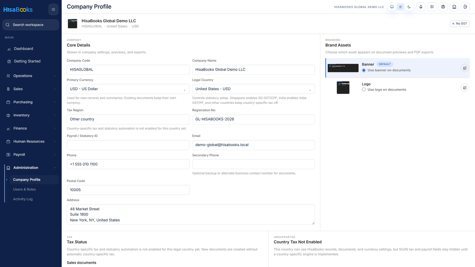 Tax setup screen