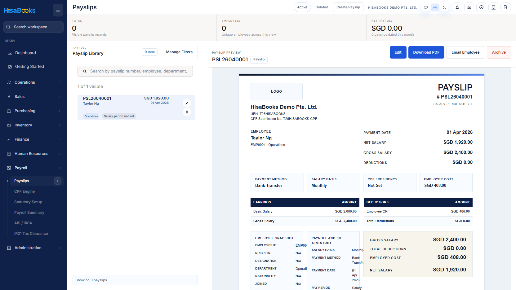 Payslips screen
