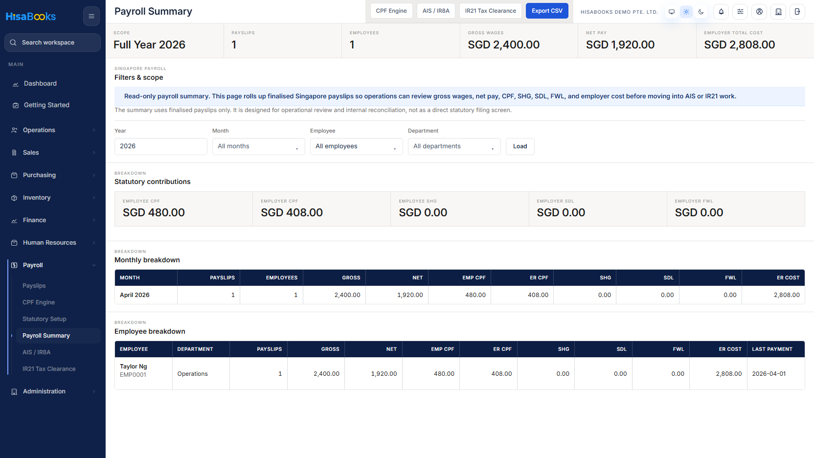 Singapore payroll summary screen