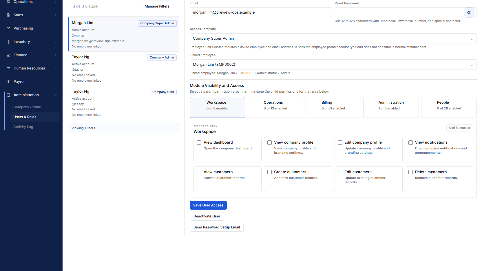 Roles screen